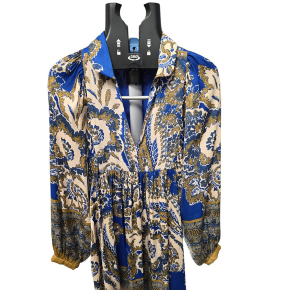Free People "Say You Love Me" Mini Flowy Dress V Neck L/S Blue White Gold - Picture 1 of 6